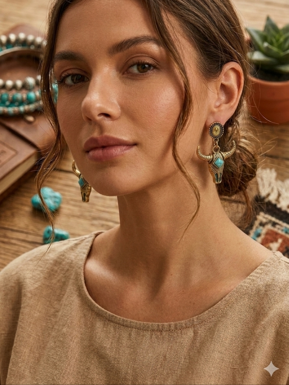 Steer Skull Dangle Earrings Turquoise Accent Festival Boho Western New